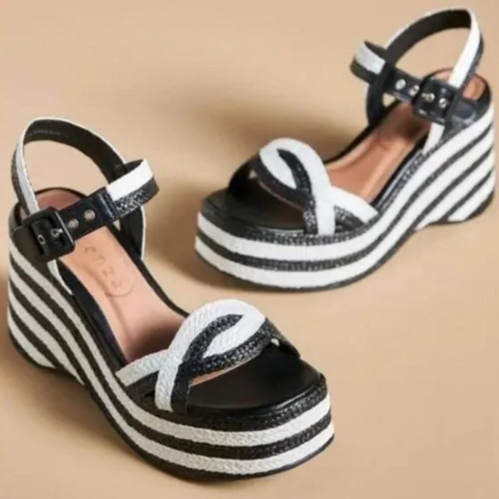 NWOT Vicenza Raffia Blk/Wht Platform Sandals 7.5/38